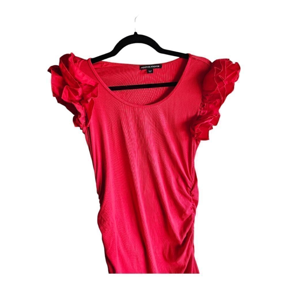BOSTON PROPER Ruffle Knit Rib Ruched Dress Racing Red - Size Medium - Picture 4 of 9